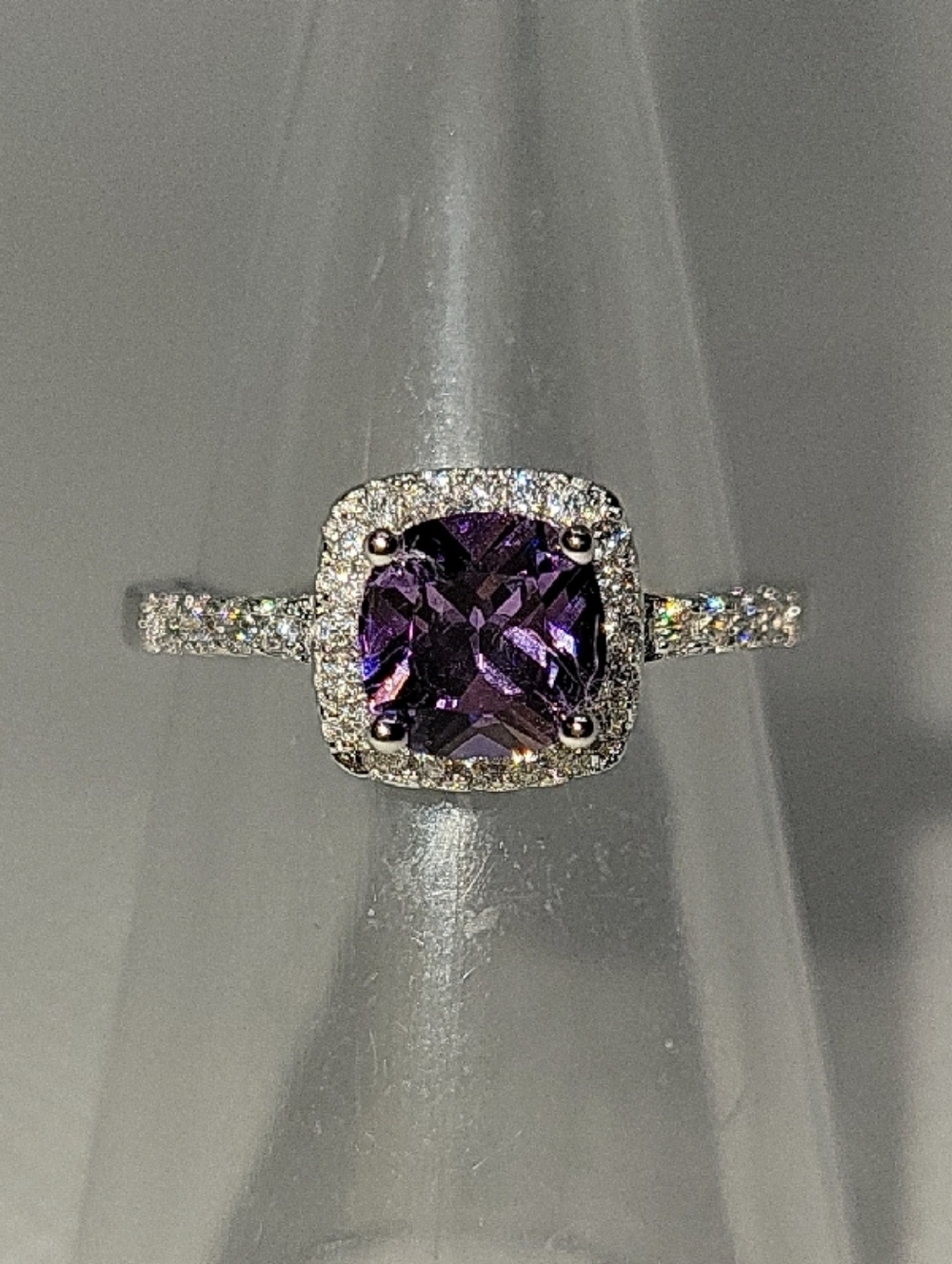 Sterling Silver Purple Amethyst Halo Ring with Pavé Accents